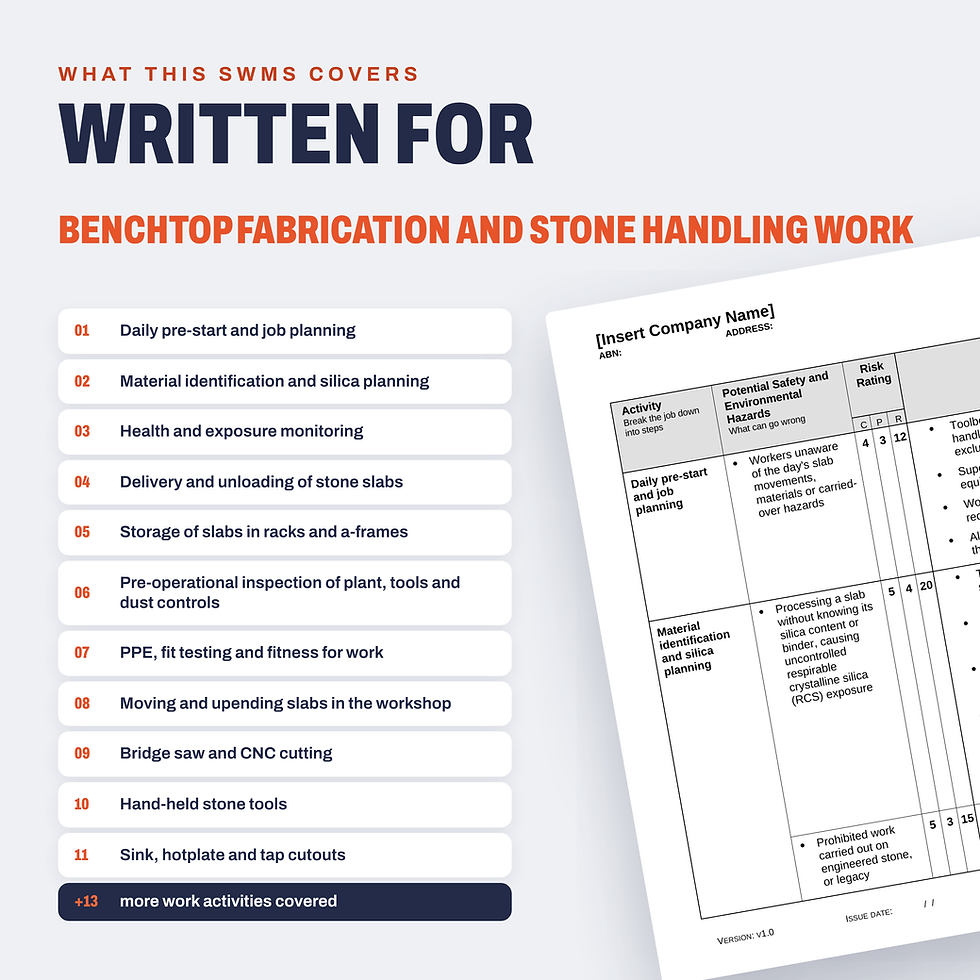 Work activities covered in the Benchtop Fabrication and Stone Handling SWMS