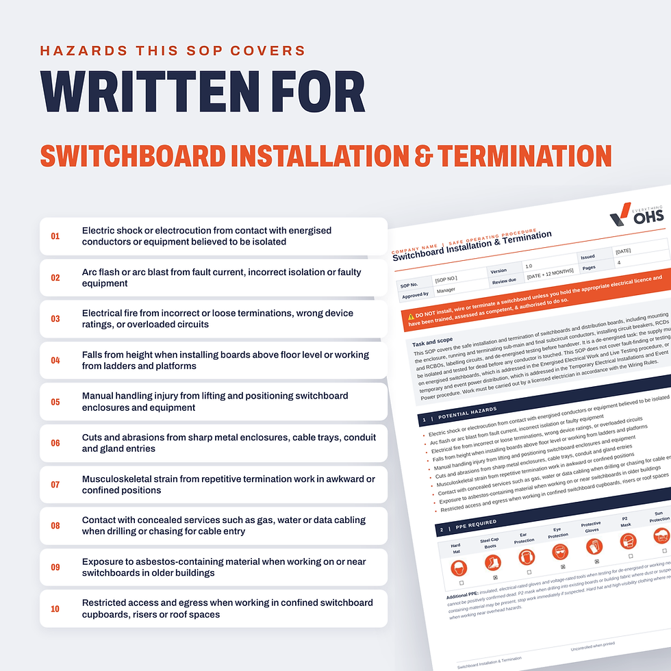 Hazards covered in the Switchboard Installation & Termination SOP