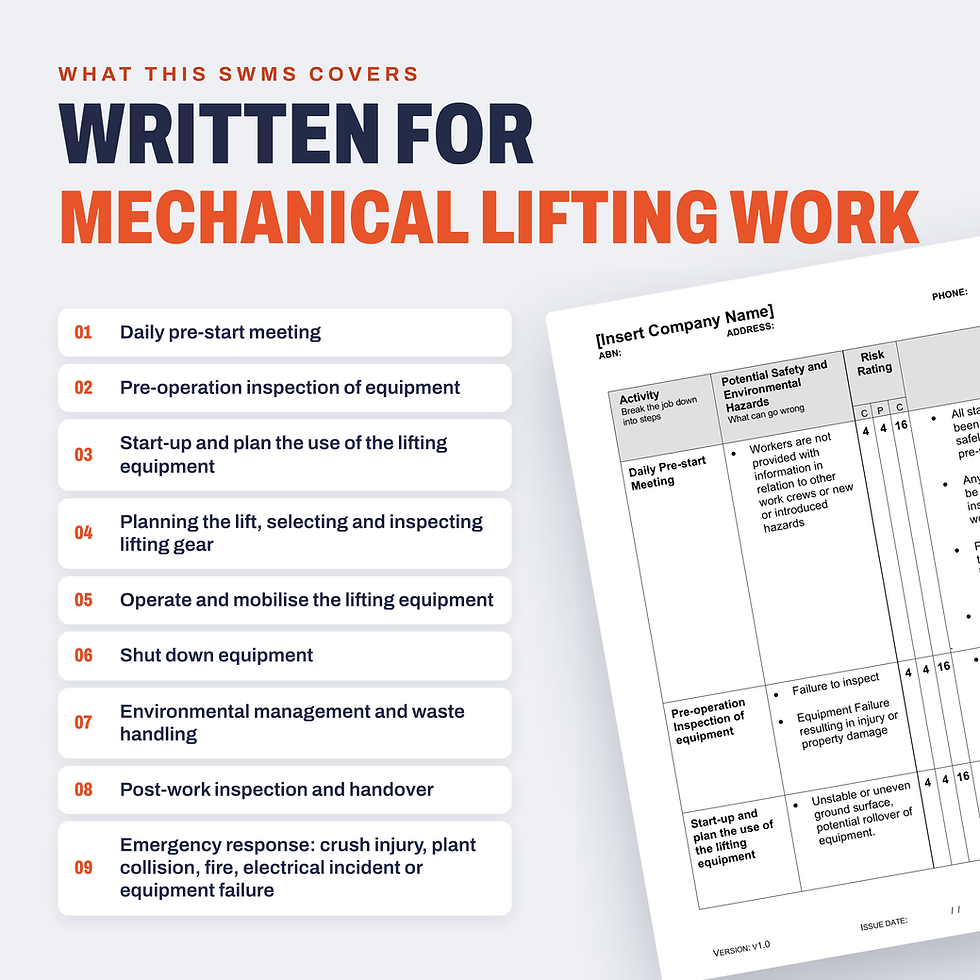 Work activities covered in the Mechanical Lifting SWMS