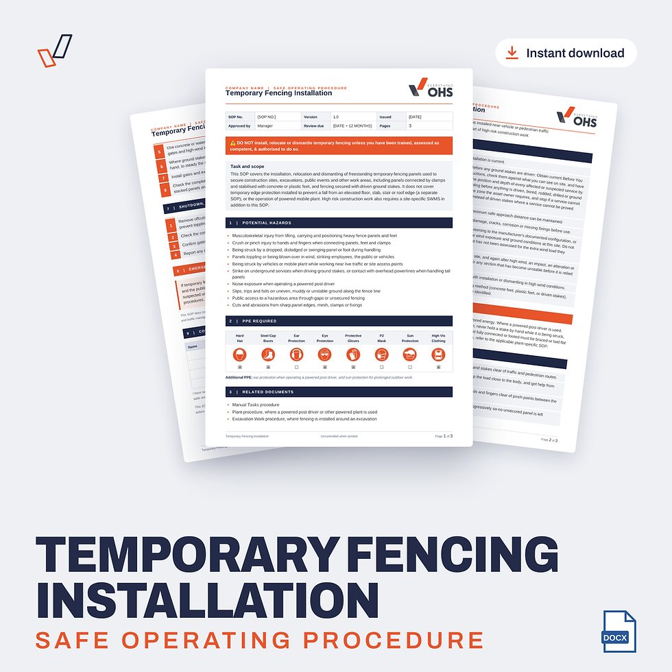 Temporary Fencing Installation SOP editable Word template cover, Everything OHS