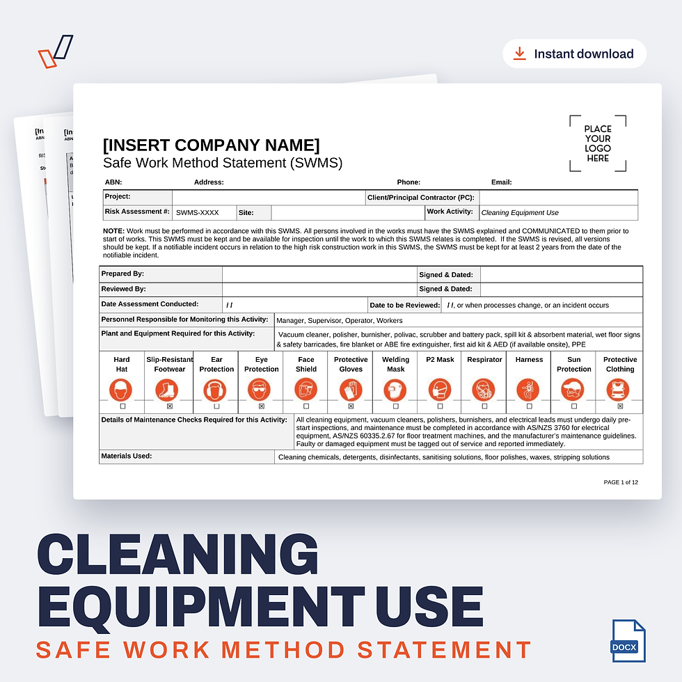 Cleaning Equipment Use SWMS editable Word template cover, Everything OHS