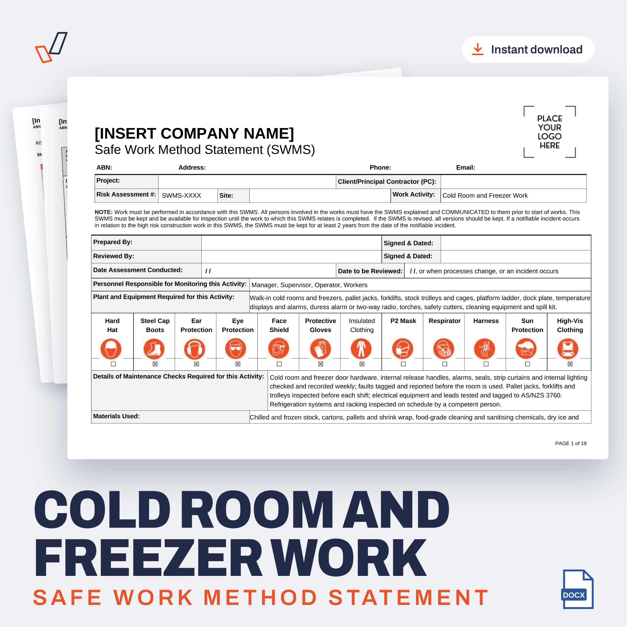 Cold Room and Freezer Work SWMS editable Word template cover, Everything OHS