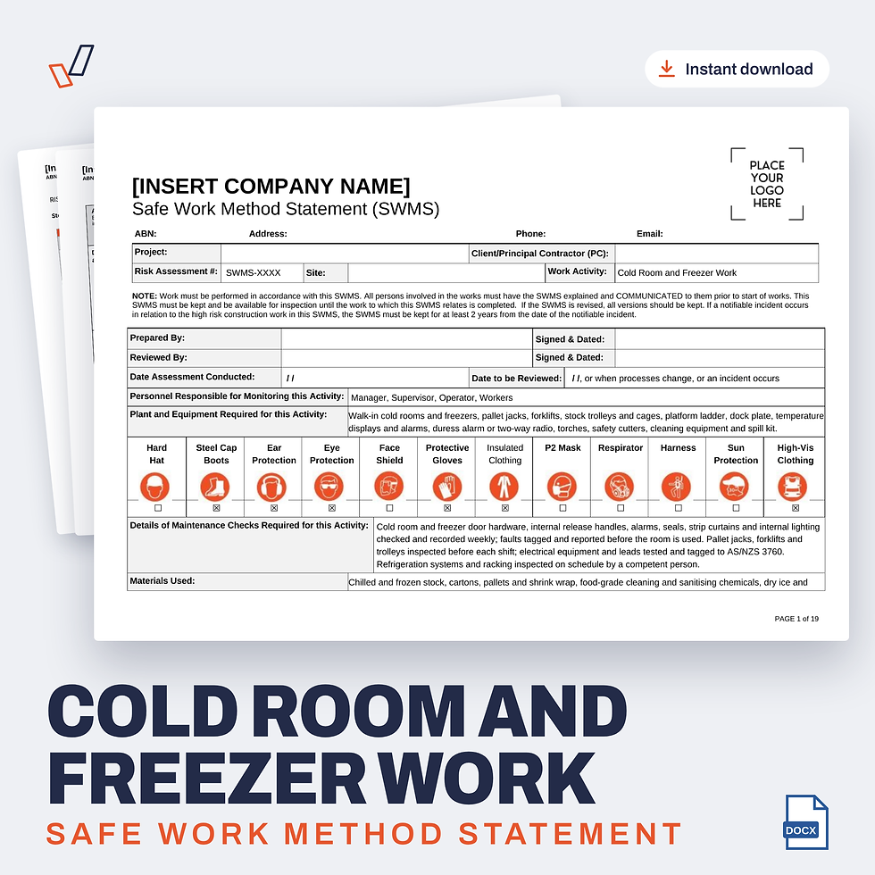 Cold Room and Freezer Work SWMS editable Word template cover, Everything OHS