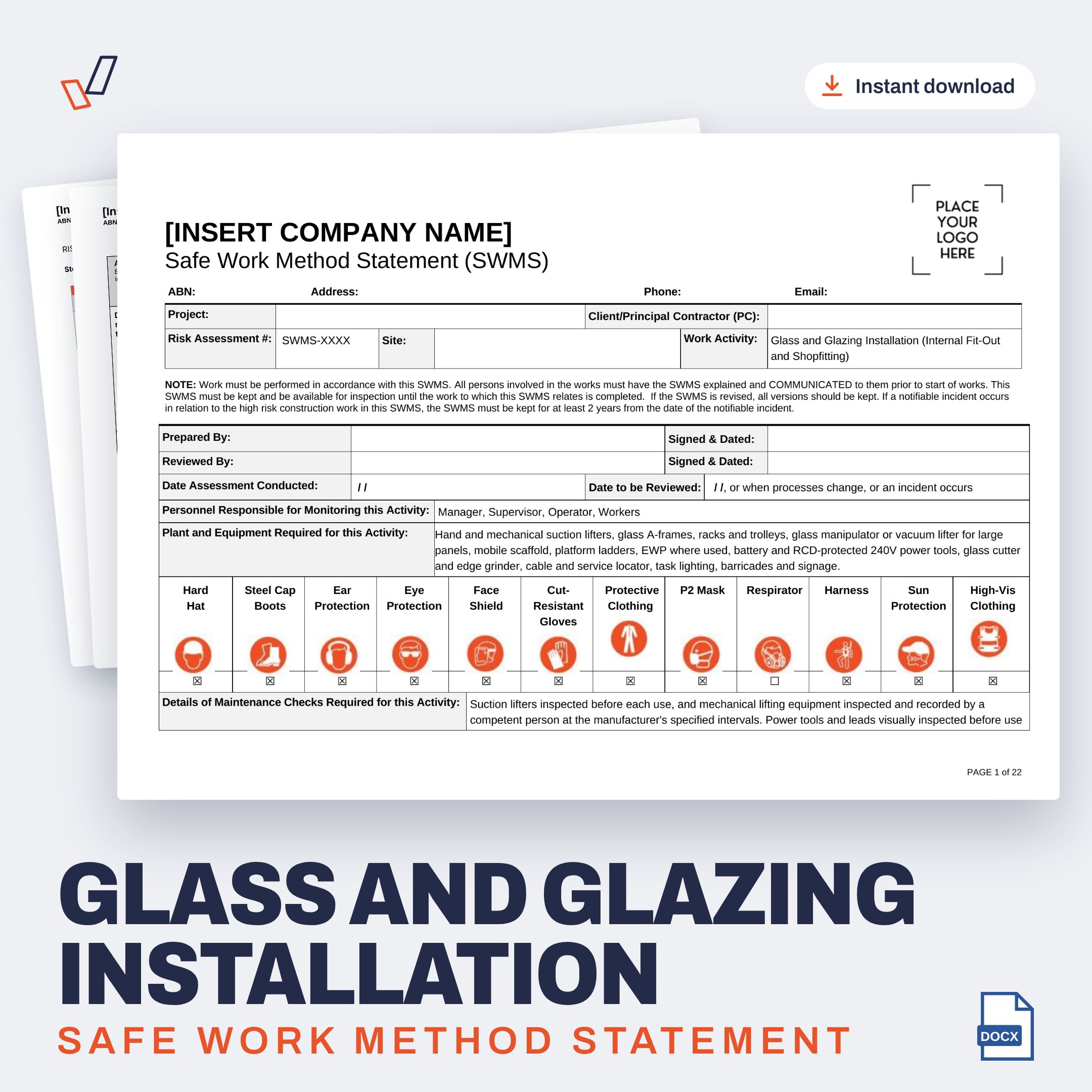 Glass and Glazing Installation SWMS editable Word template cover, Everything OHS