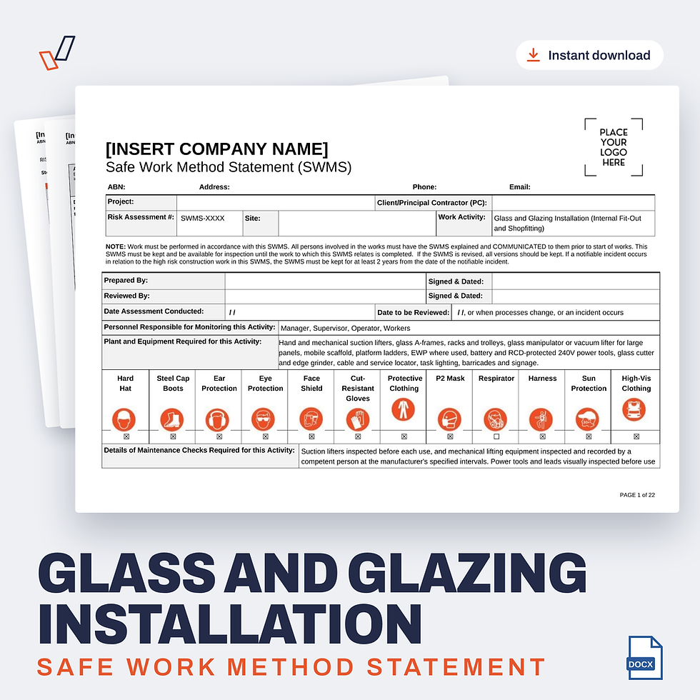 Glass and Glazing Installation SWMS editable Word template cover, Everything OHS