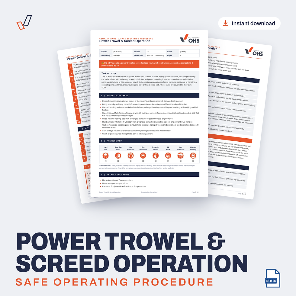 Power Trowel & Screed Operation SOP editable Word template cover, Everything OHS