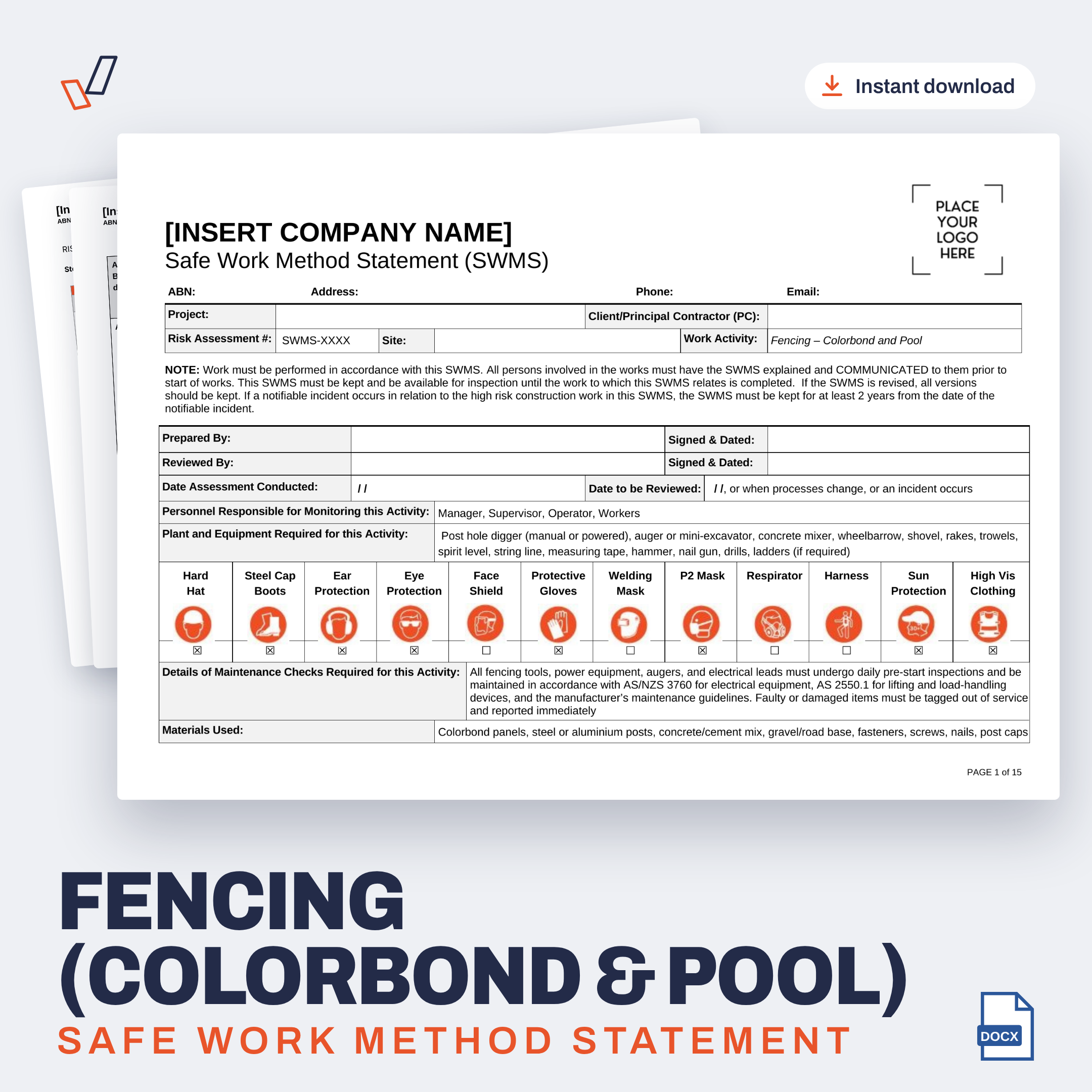 Fencing (Colorbond & Pool) SWMS editable Word template cover, Everything OHS