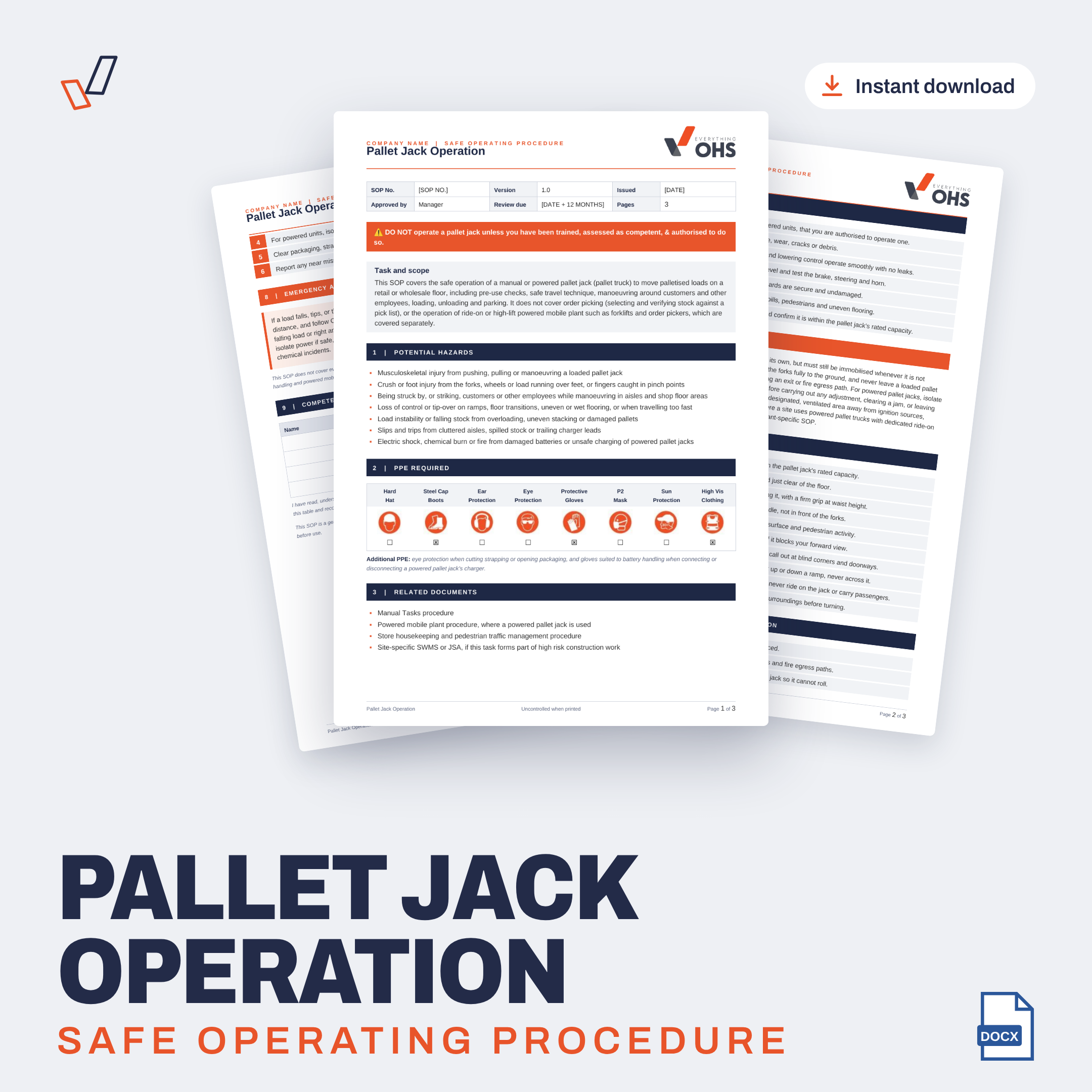 Pallet Jack Operation SOP editable Word template cover, Everything OHS