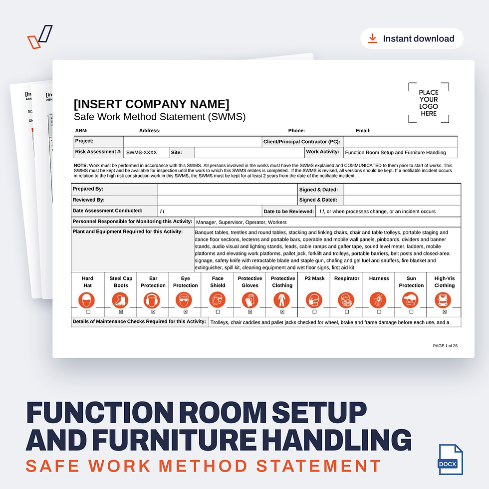 Function Room Setup and Furniture Handling SWMS editable Word template cover, Everything OHS