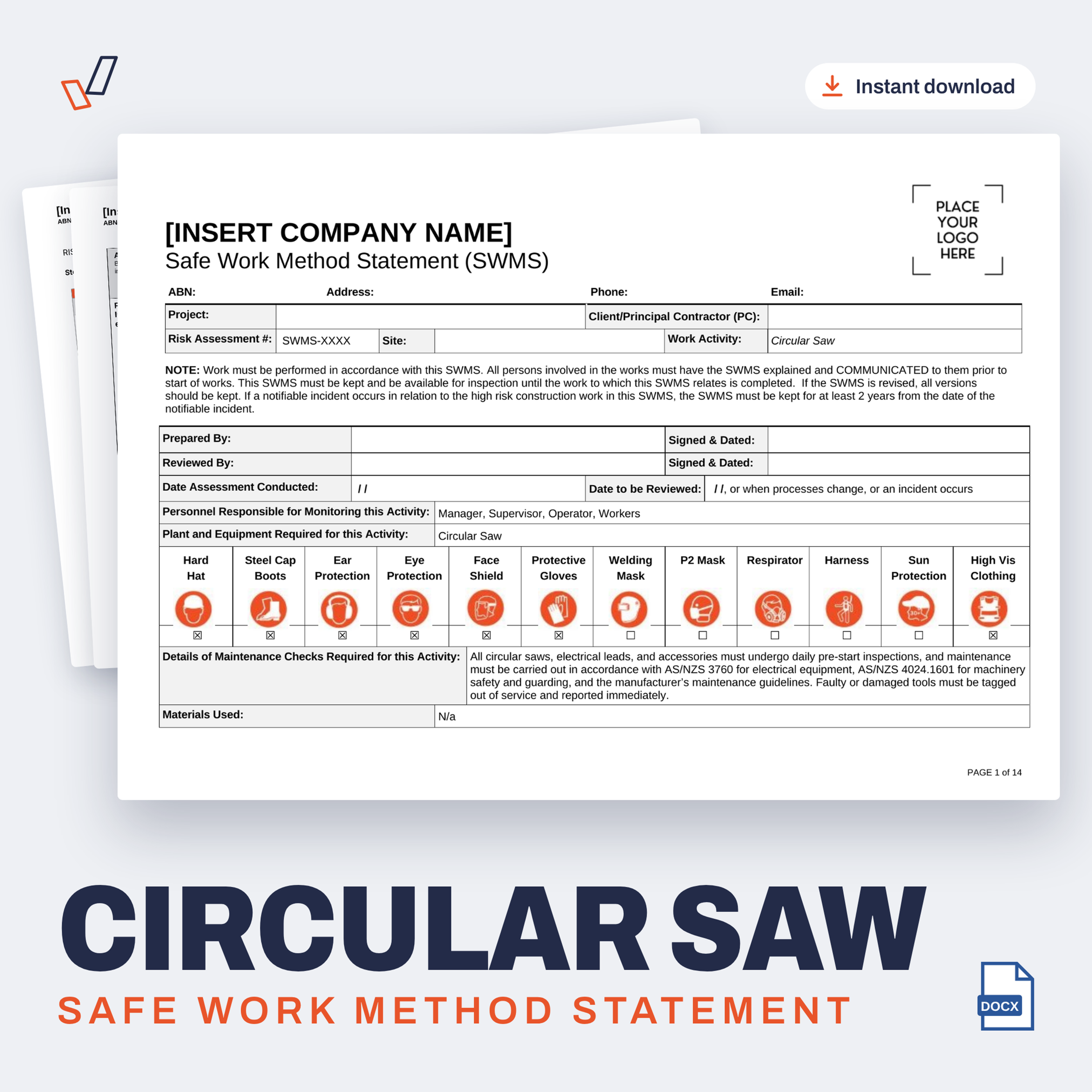 Circular Saw SWMS editable Word template cover, Everything OHS