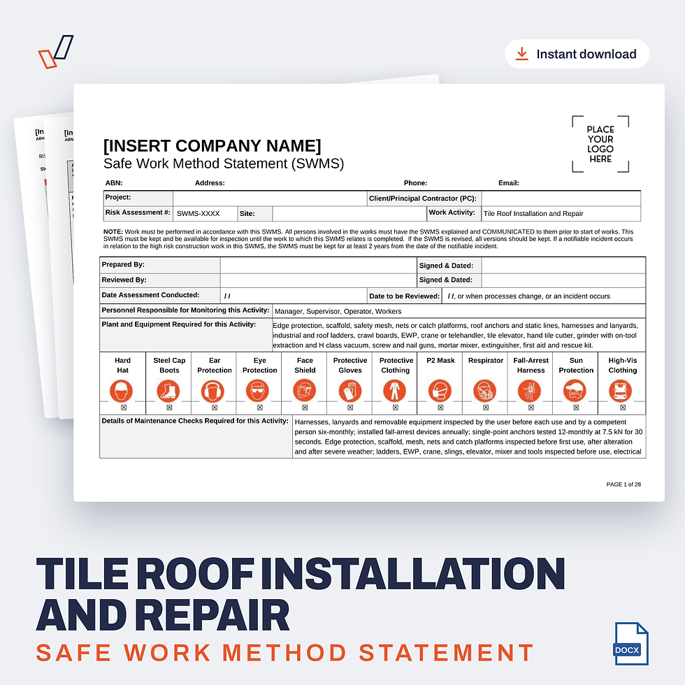 Tile Roof Installation and Repair SWMS editable Word template cover, Everything OHS