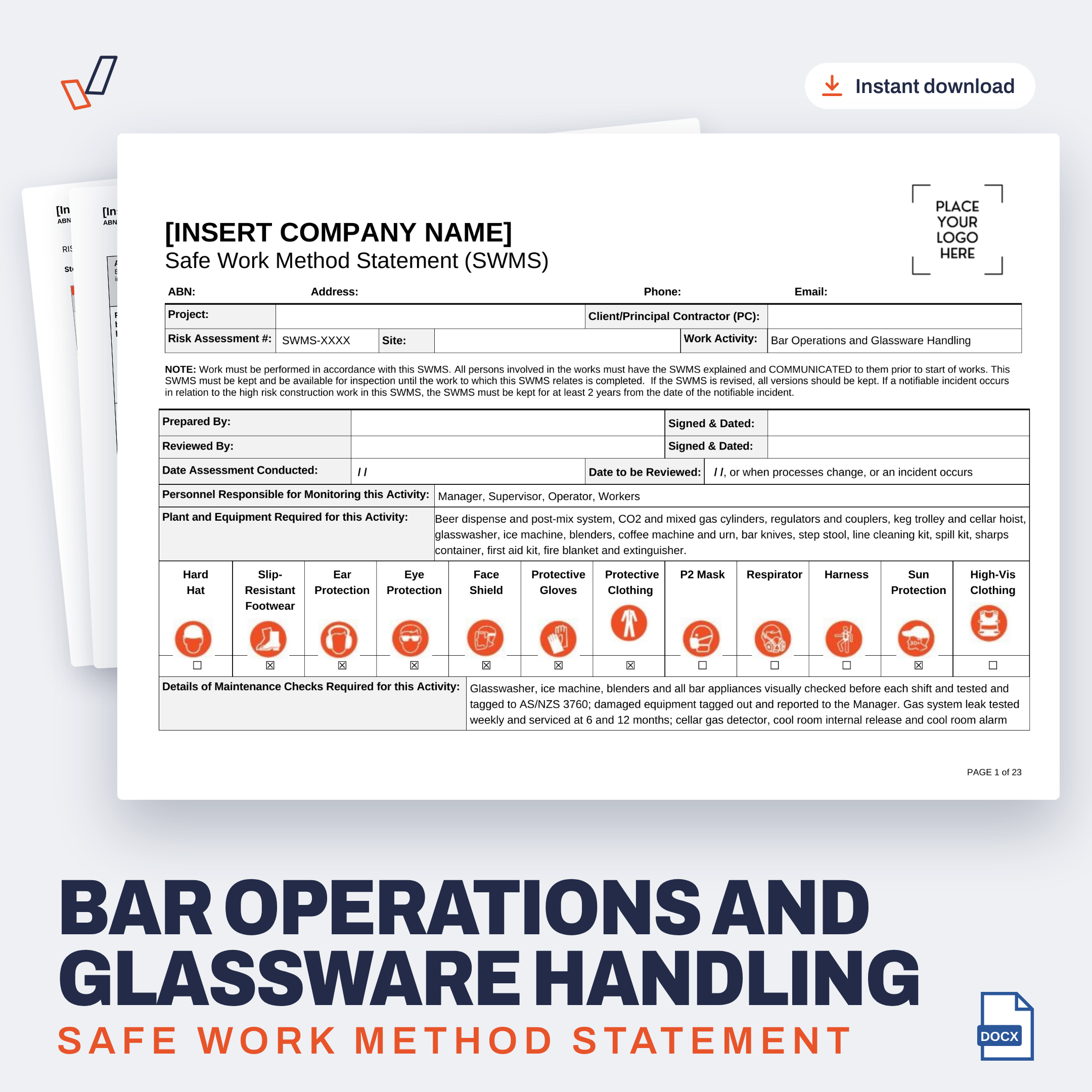 Bar Operations and Glassware Handling SWMS editable Word template cover, Everything OHS