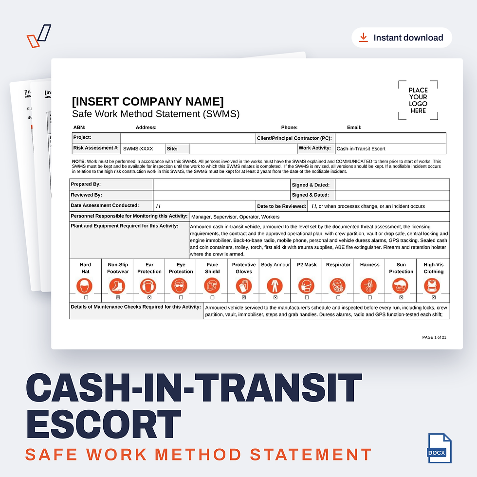 Cash-in-Transit Escort SWMS editable Word template cover, Everything OHS