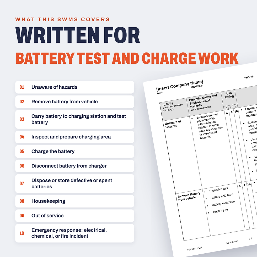 Work activities covered in the Battery Test and Charge SWMS