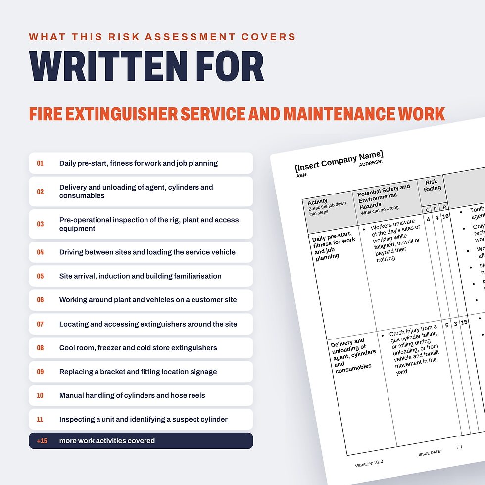 Work activities covered in the Fire Extinguisher Service and Maintenance Risk Assessment/JSA