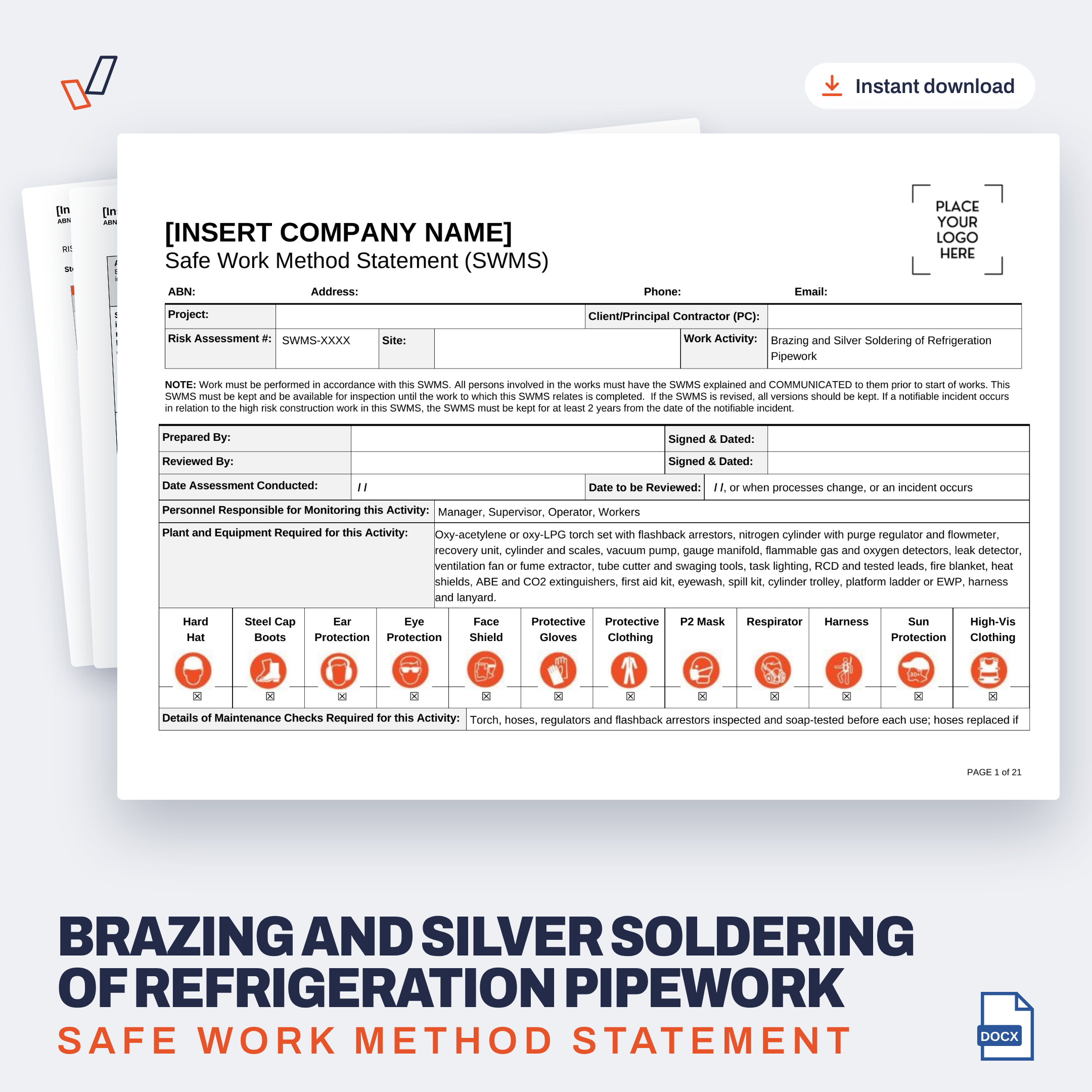 Brazing and Silver Soldering of Refrigeration Pipework SWMS editable Word template cover, Everything OHS