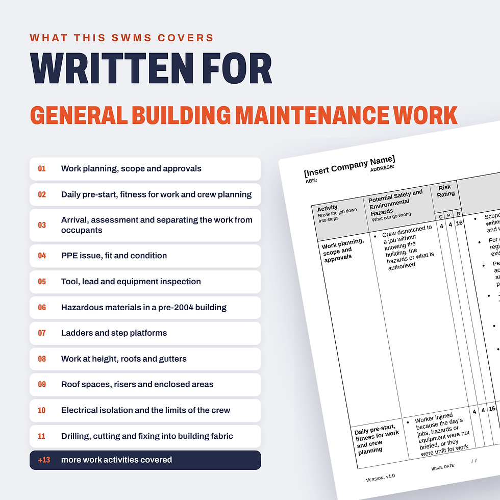 Work activities covered in the General Building Maintenance SWMS