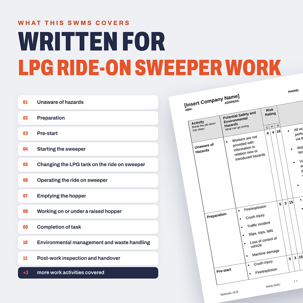 Work activities covered in the LPG Ride-on Sweeper SWMS