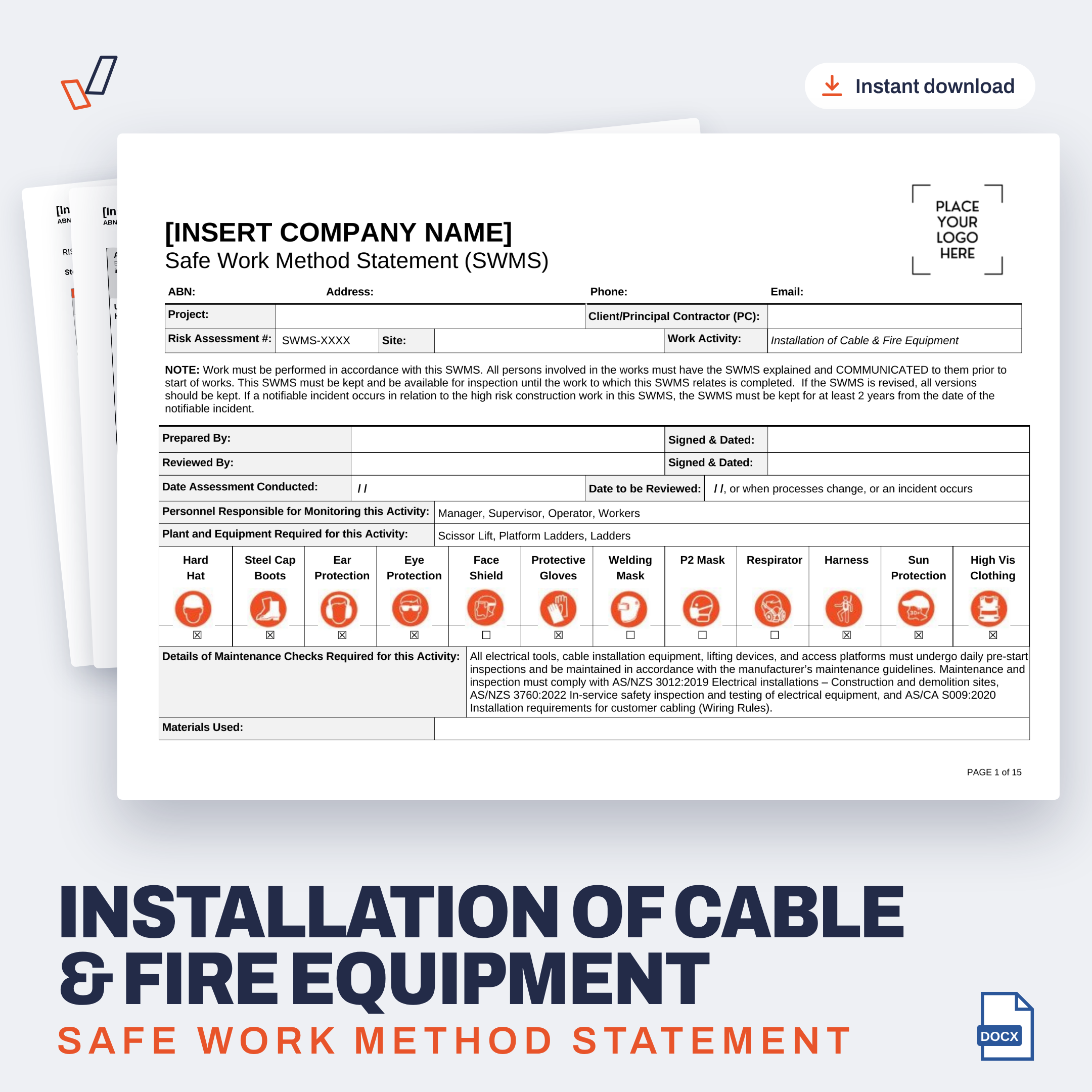 Installation of Cable & Fire Equipment SWMS editable Word template cover, Everything OHS