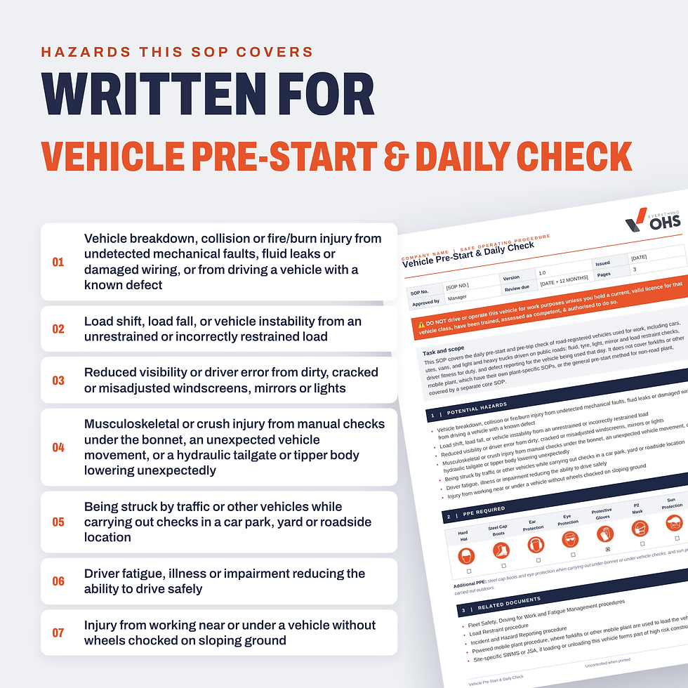 Hazards covered in the Vehicle Pre-Start & Daily Check SOP