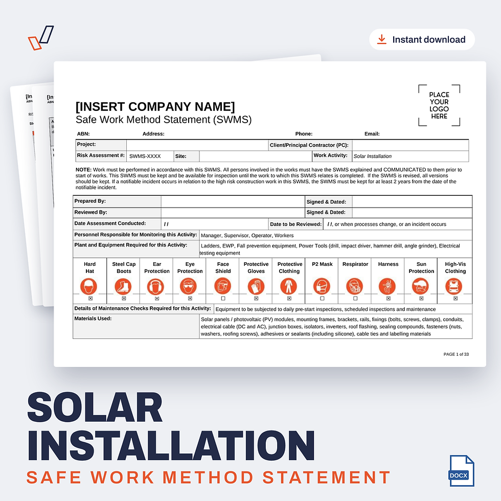 Solar Installation SWMS editable Word template cover, Everything OHS