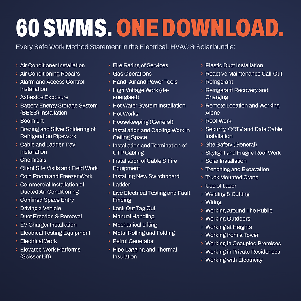 Every SWMS included in the Ultimate Electrical, HVAC & Solar SWMS Bundle