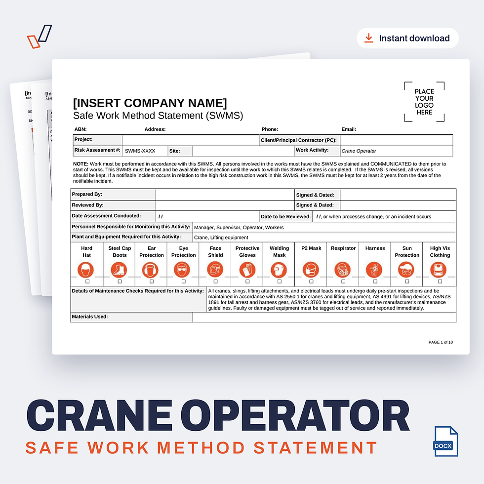 Crane Operator SWMS editable Word template cover, Everything OHS