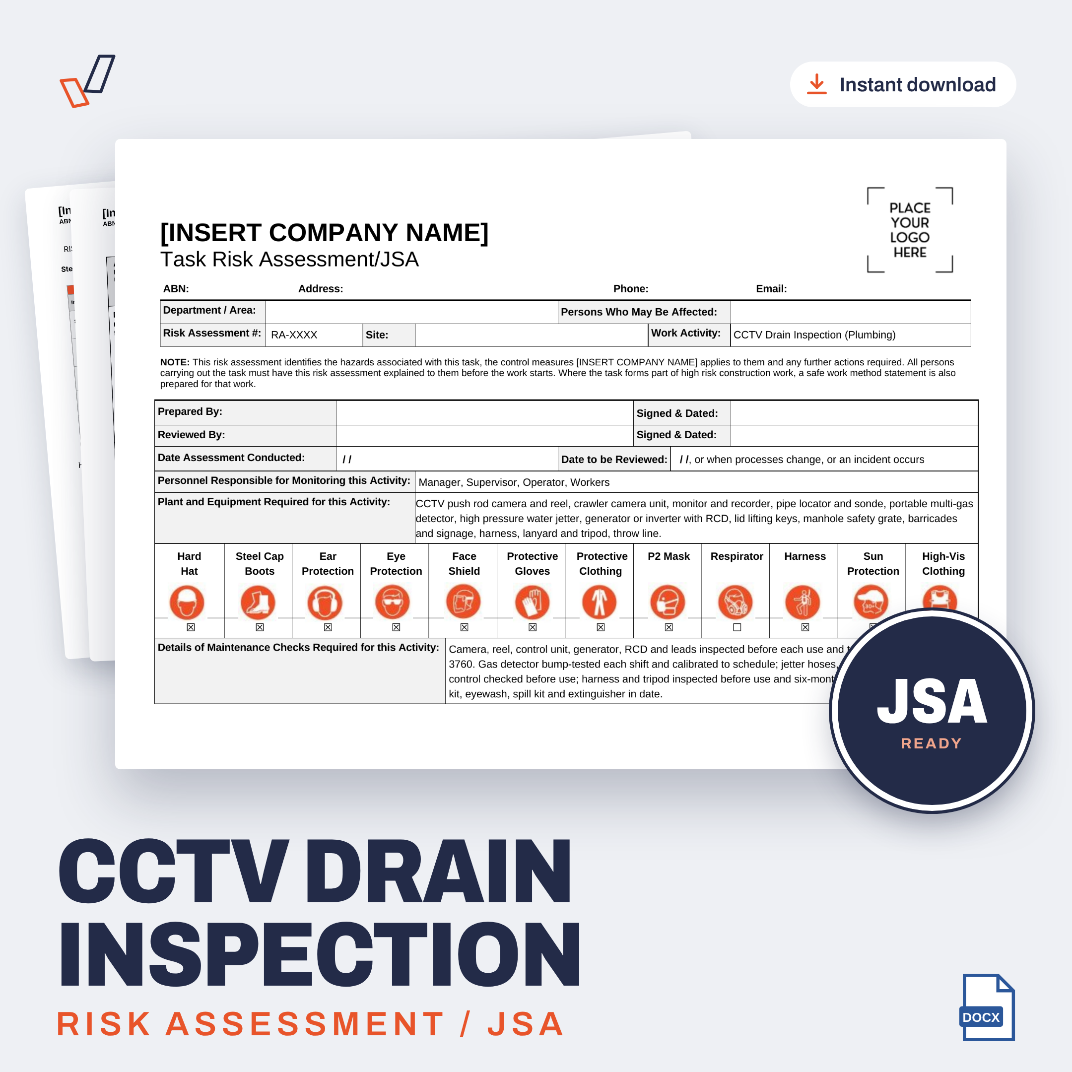 CCTV Drain Inspection Risk Assessment/JSA editable Word template cover, Everything OHS