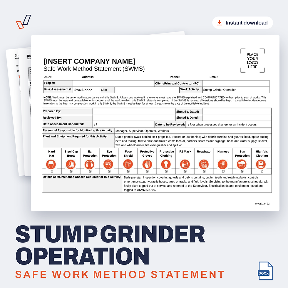 Stump Grinder Operation SWMS editable Word template cover, Everything OHS