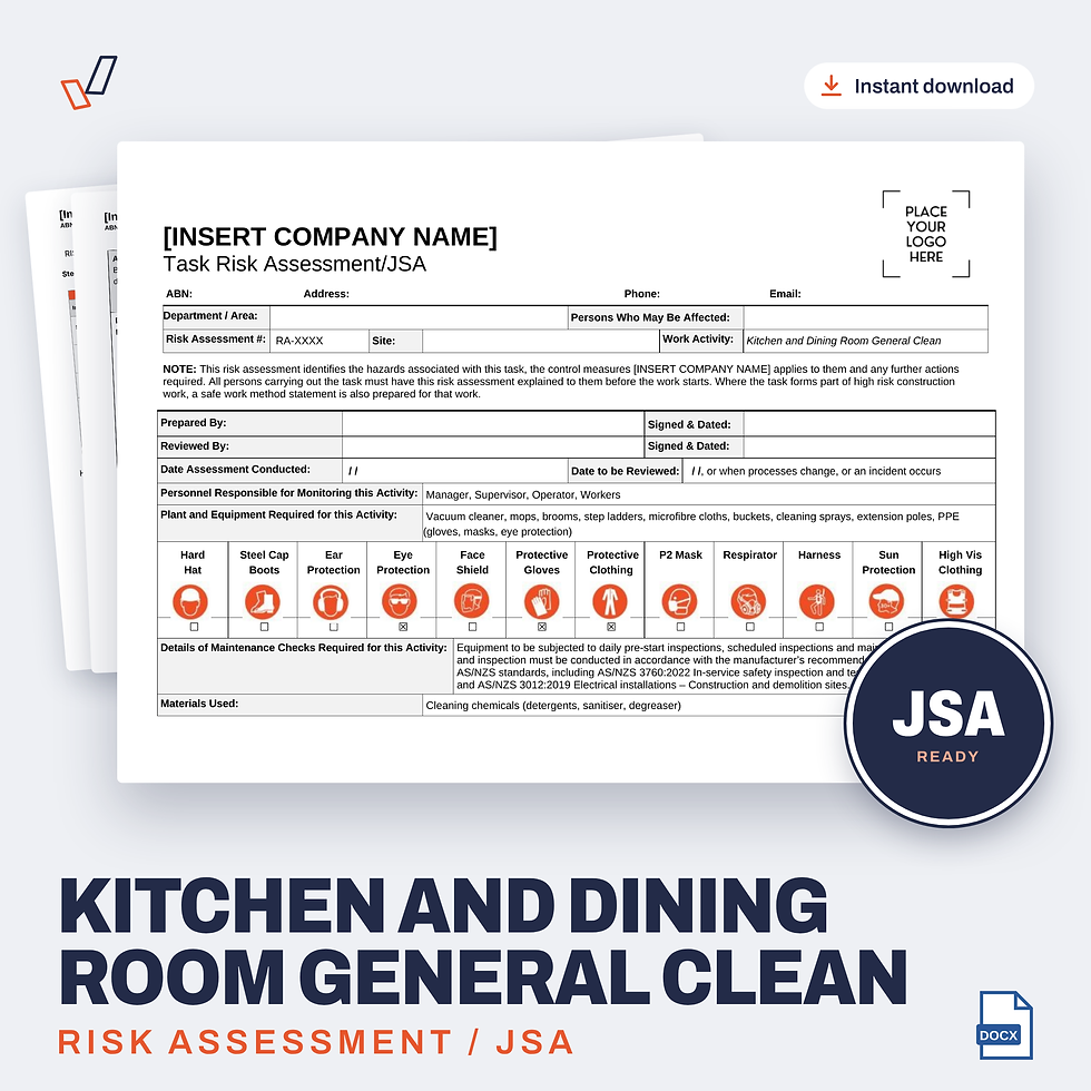 Kitchen and Dining Room General Clean Risk Assessment/JSA editable Word template cover, Everything OHS