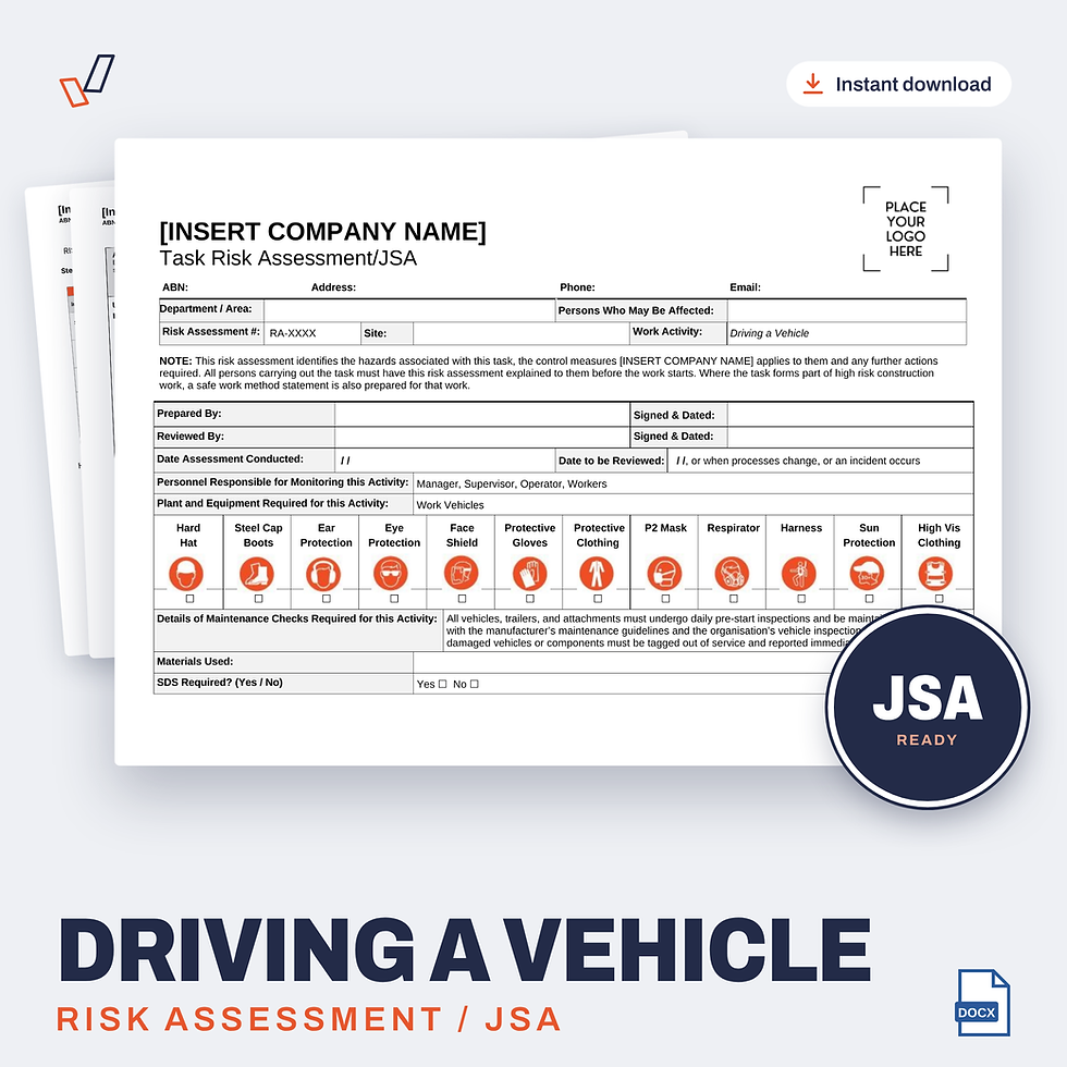 Driving a Vehicle Risk Assessment/JSA editable Word template cover, Everything OHS