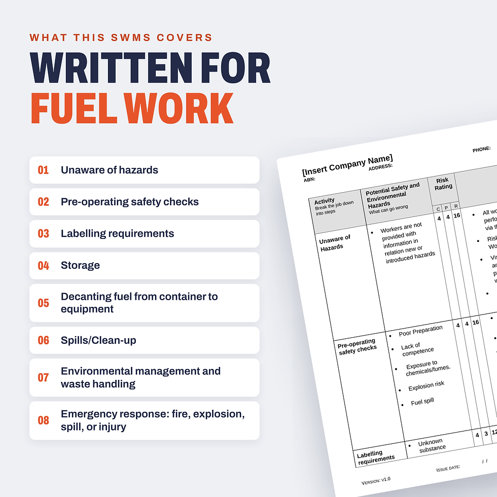Work activities covered in the Fuel SWMS