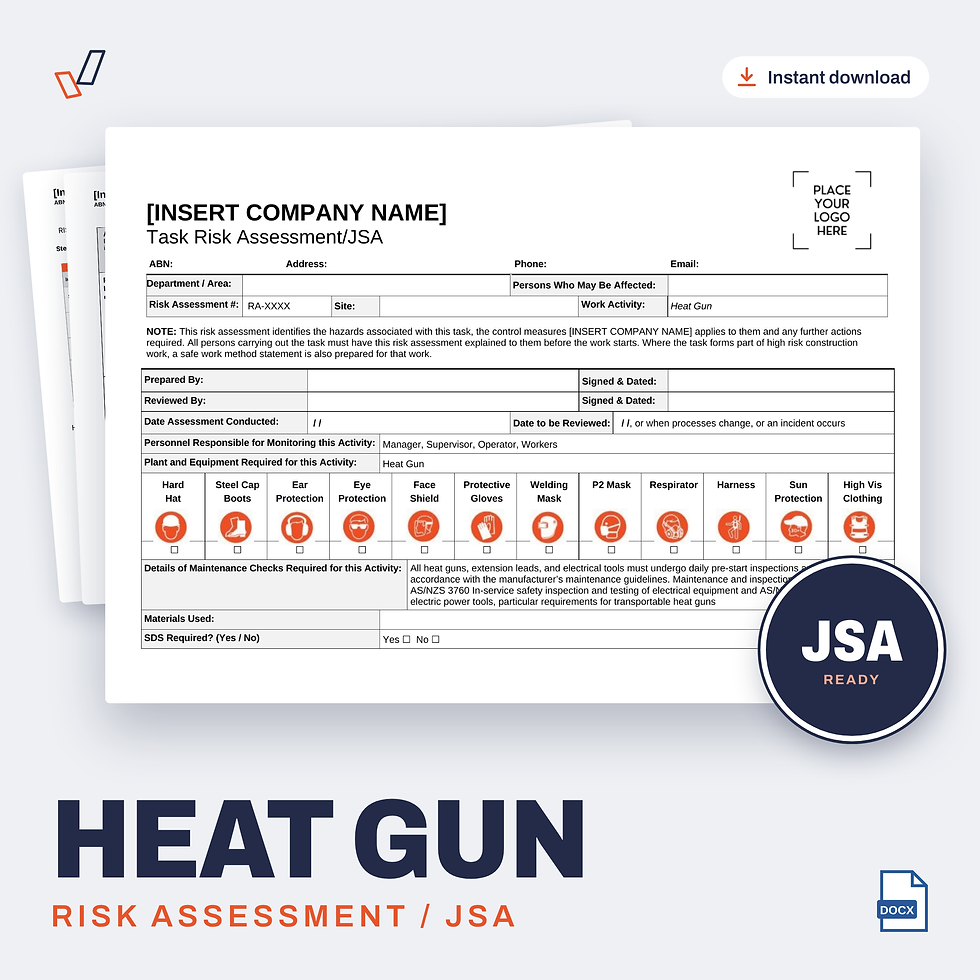 Heat Gun Risk Assessment/JSA editable Word template cover, Everything OHS