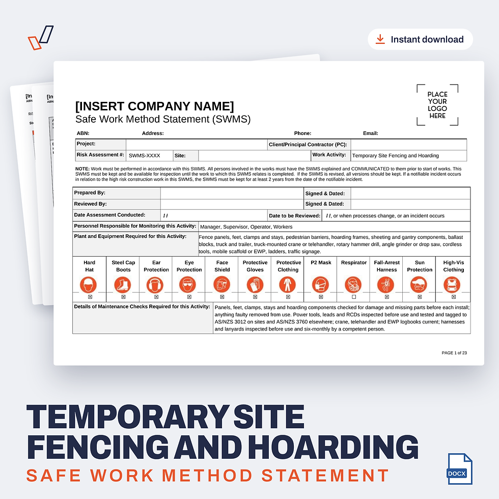 Temporary Site Fencing and Hoarding SWMS editable Word template cover, Everything OHS