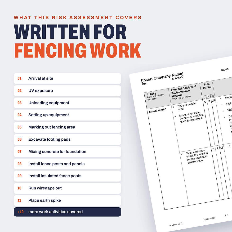 Work activities covered in the Fencing Risk Assessment/JSA