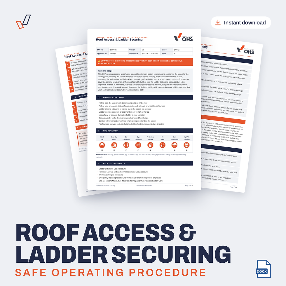 Roof Access & Ladder Securing SOP editable Word template cover, Everything OHS