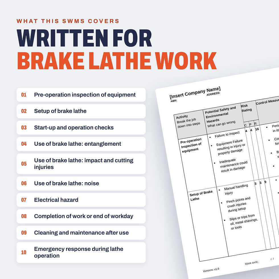 Work activities covered in the Brake Lathe SWMS
