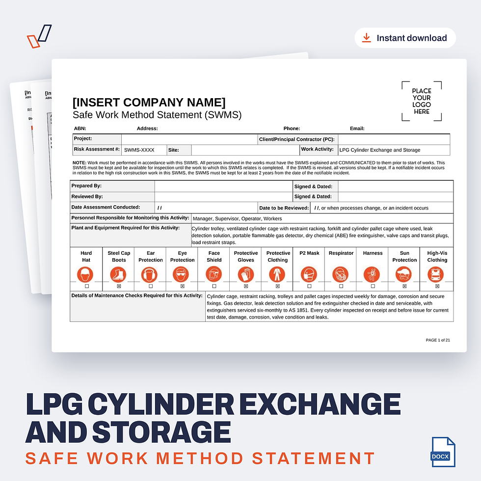 LPG Cylinder Exchange and Storage SWMS editable Word template cover, Everything OHS
