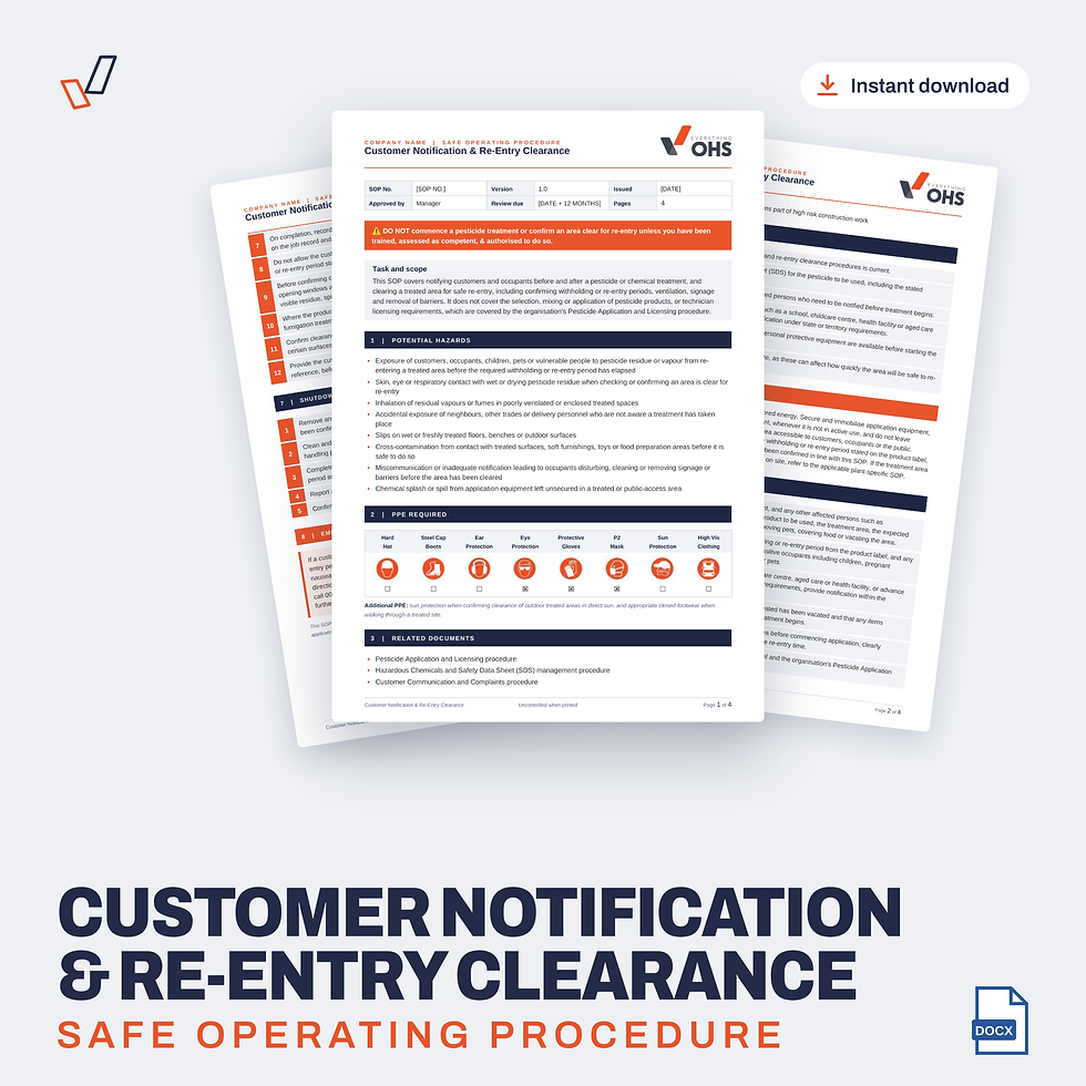 Customer Notification & Re-Entry Clearance SOP editable Word template cover, Everything OHS