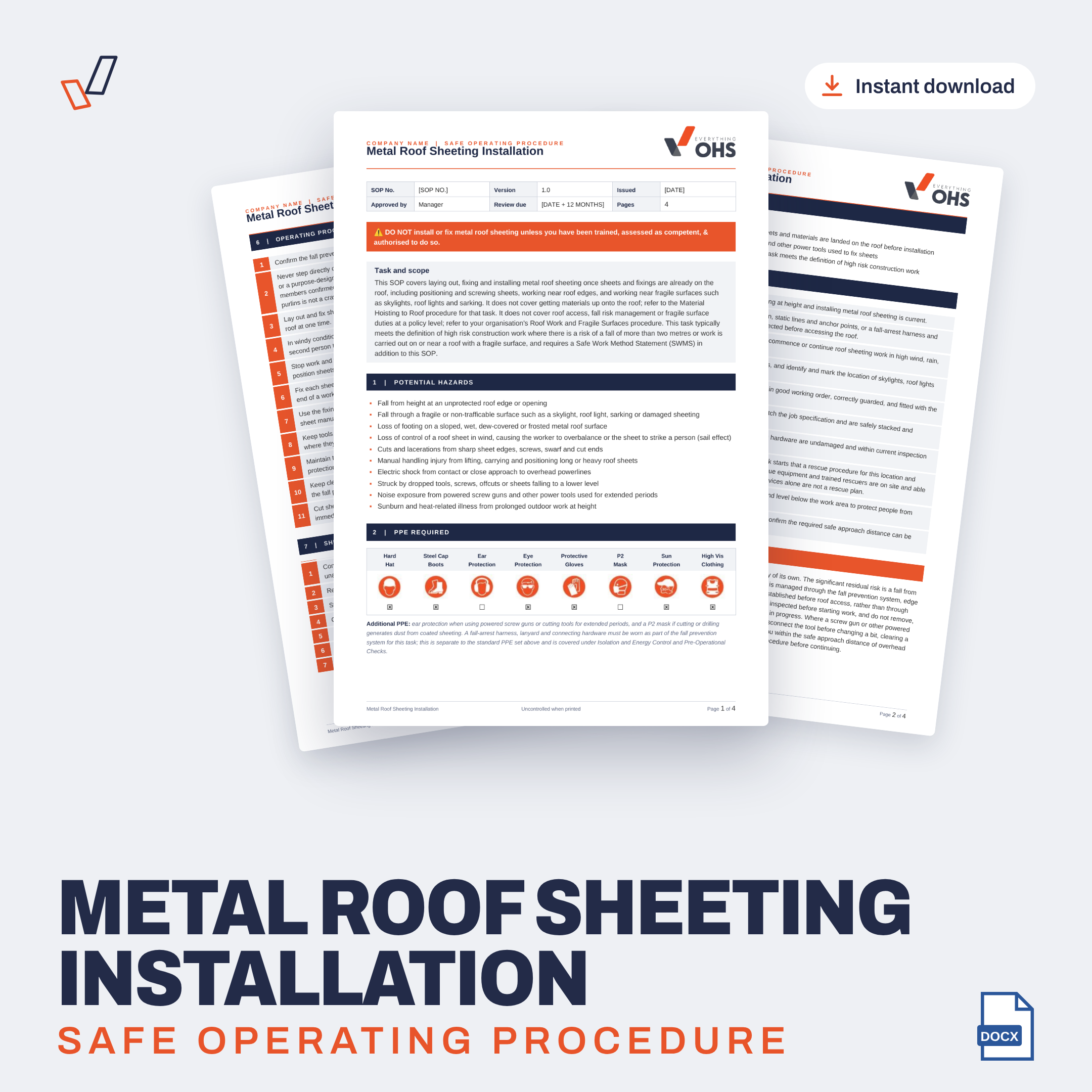 Metal Roof Sheeting Installation SOP editable Word template cover, Everything OHS
