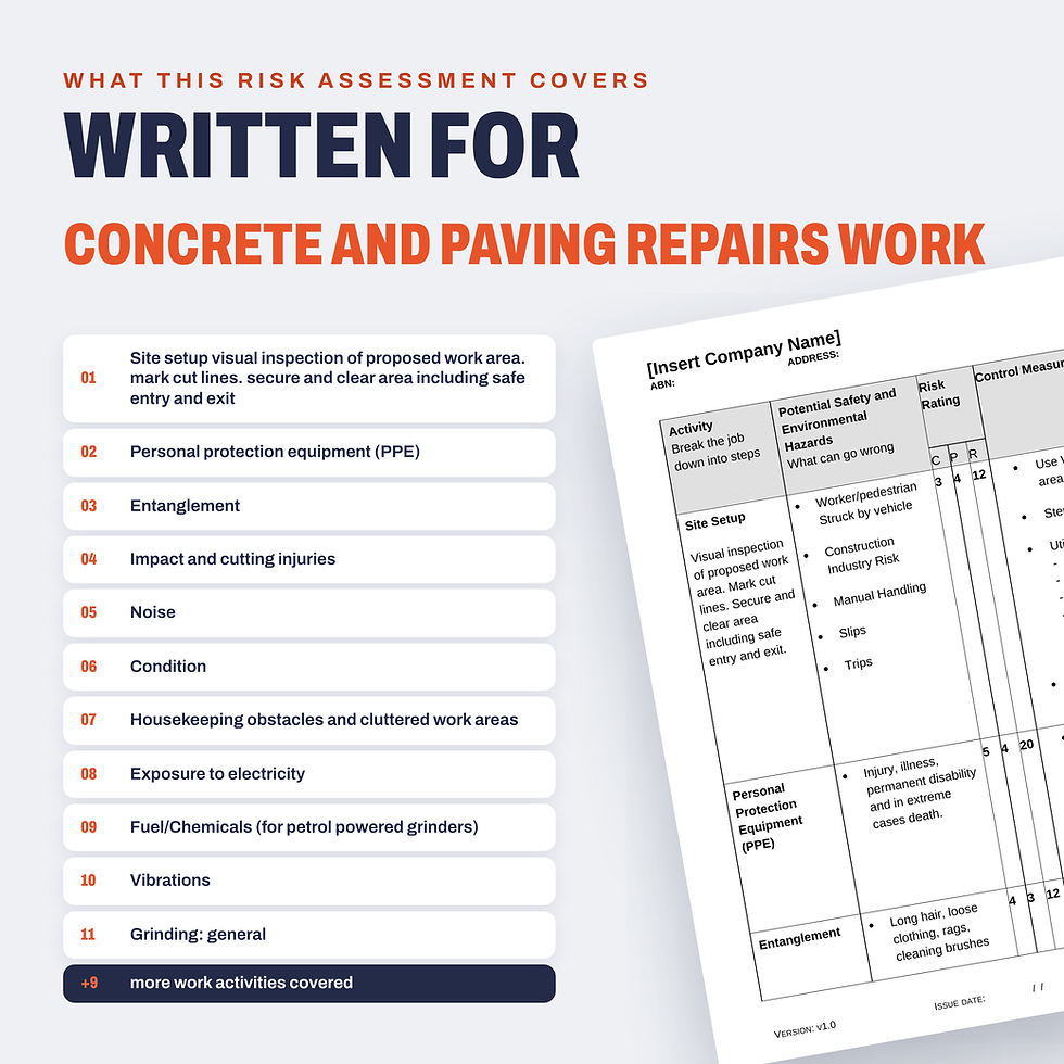 Work activities covered in the Concrete and Paving Repairs Risk Assessment/JSA