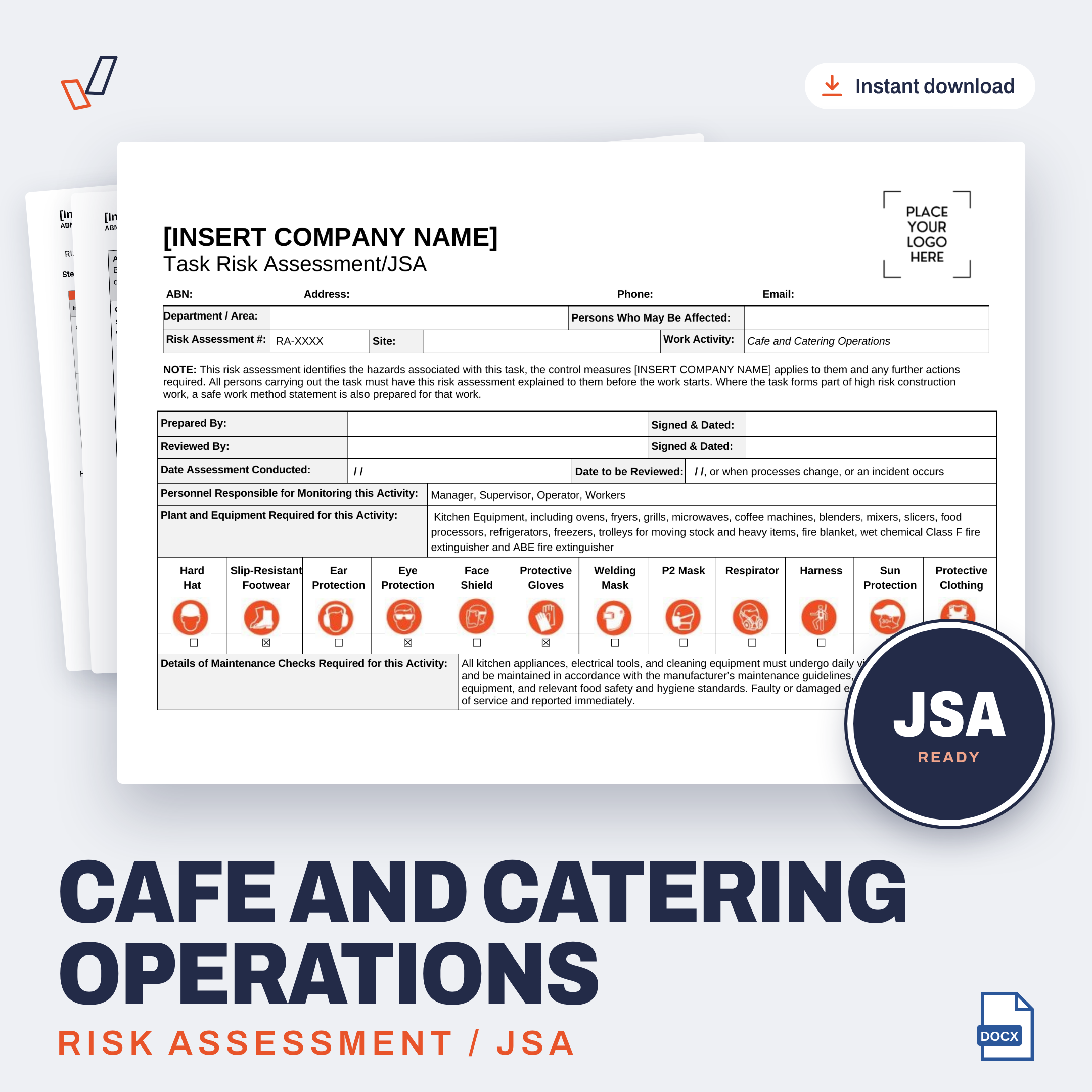 Cafe and Catering Operations Risk Assessment/JSA editable Word template cover, Everything OHS