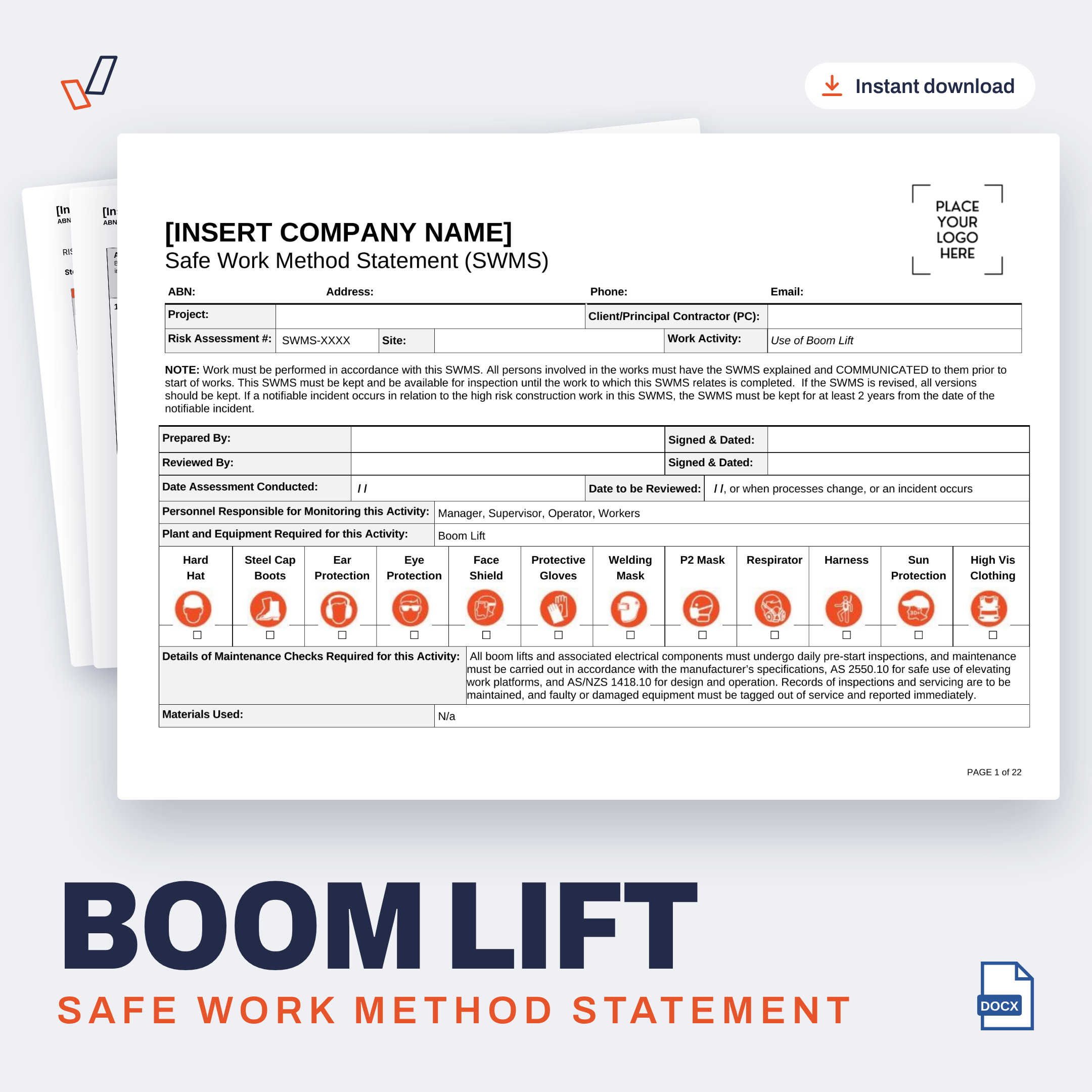 Boom Lift SWMS editable Word template cover, Everything OHS