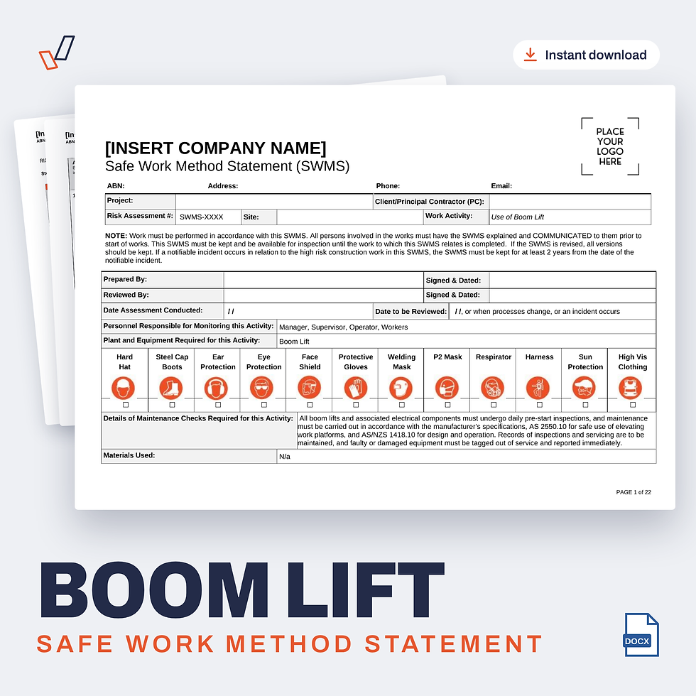 Boom Lift SWMS editable Word template cover, Everything OHS
