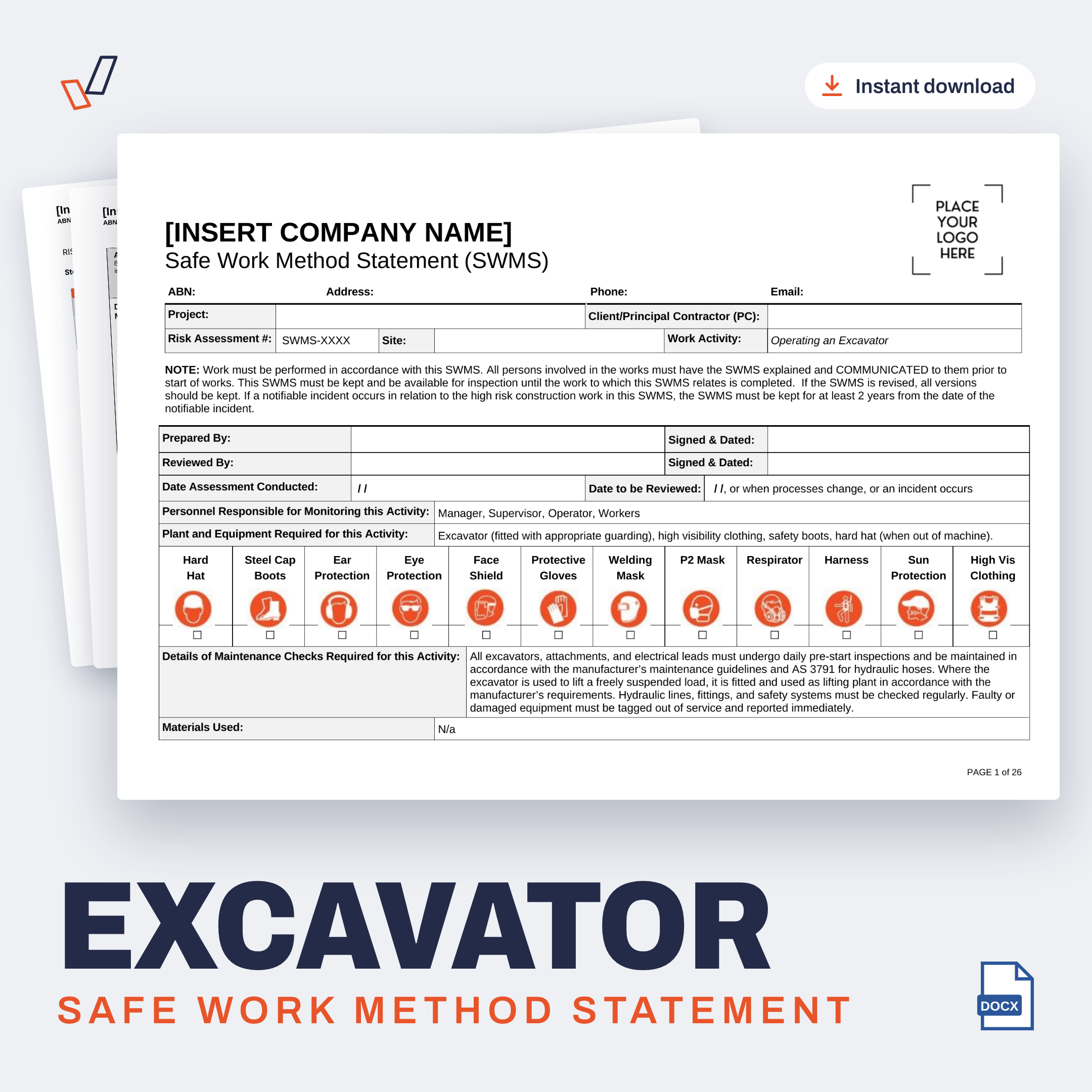 Excavator SWMS editable Word template cover, Everything OHS