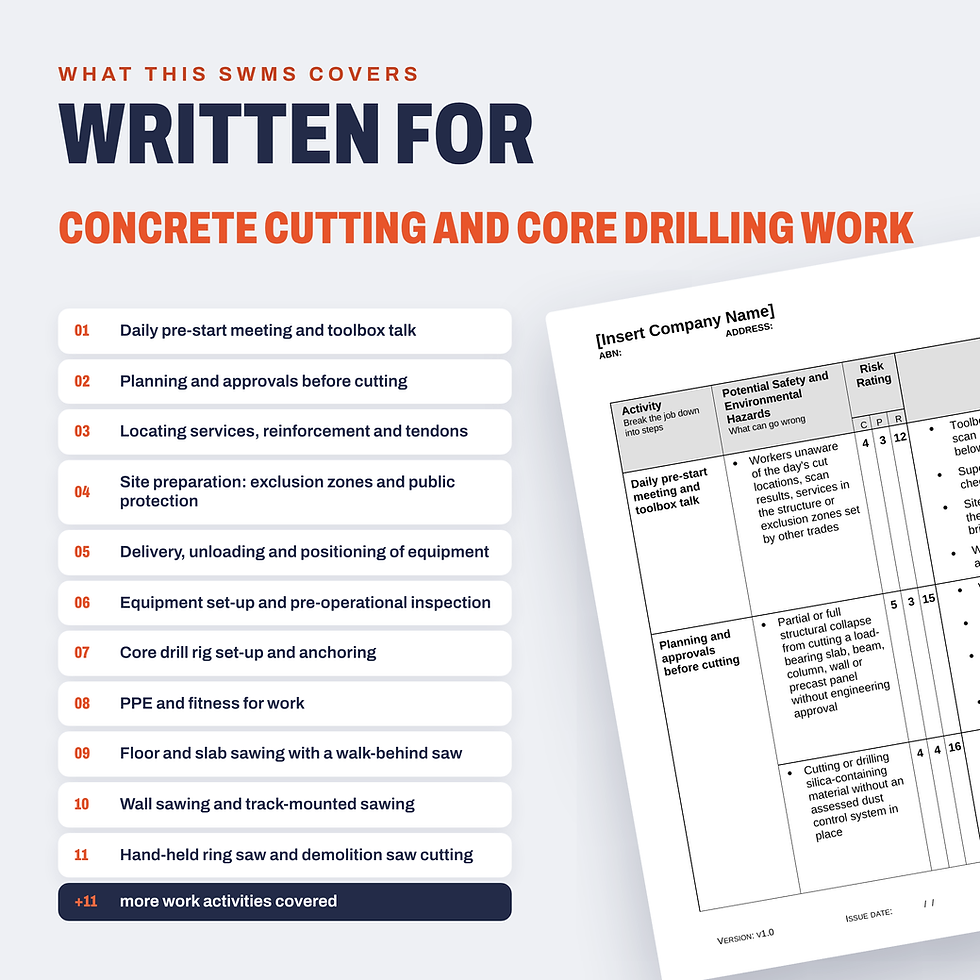 Work activities covered in the Concrete Cutting and Core Drilling SWMS