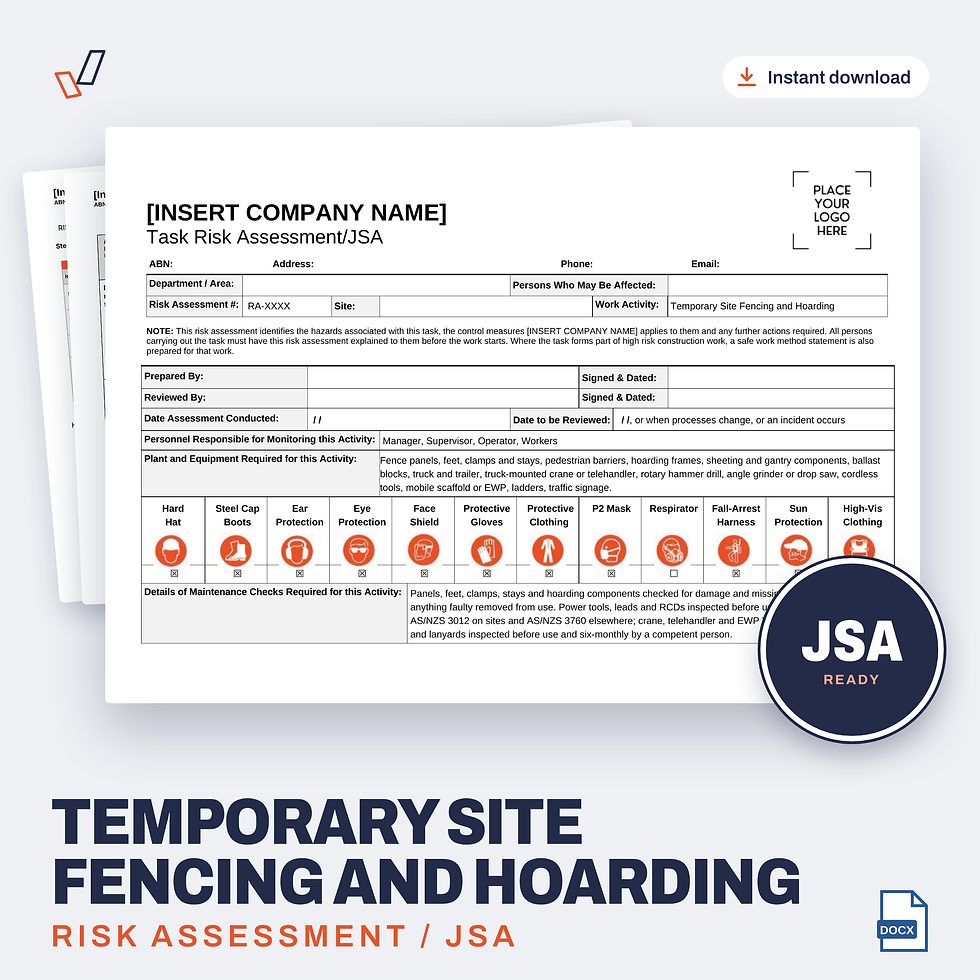 Temporary Site Fencing and Hoarding Risk Assessment/JSA editable Word template cover, Everything OHS