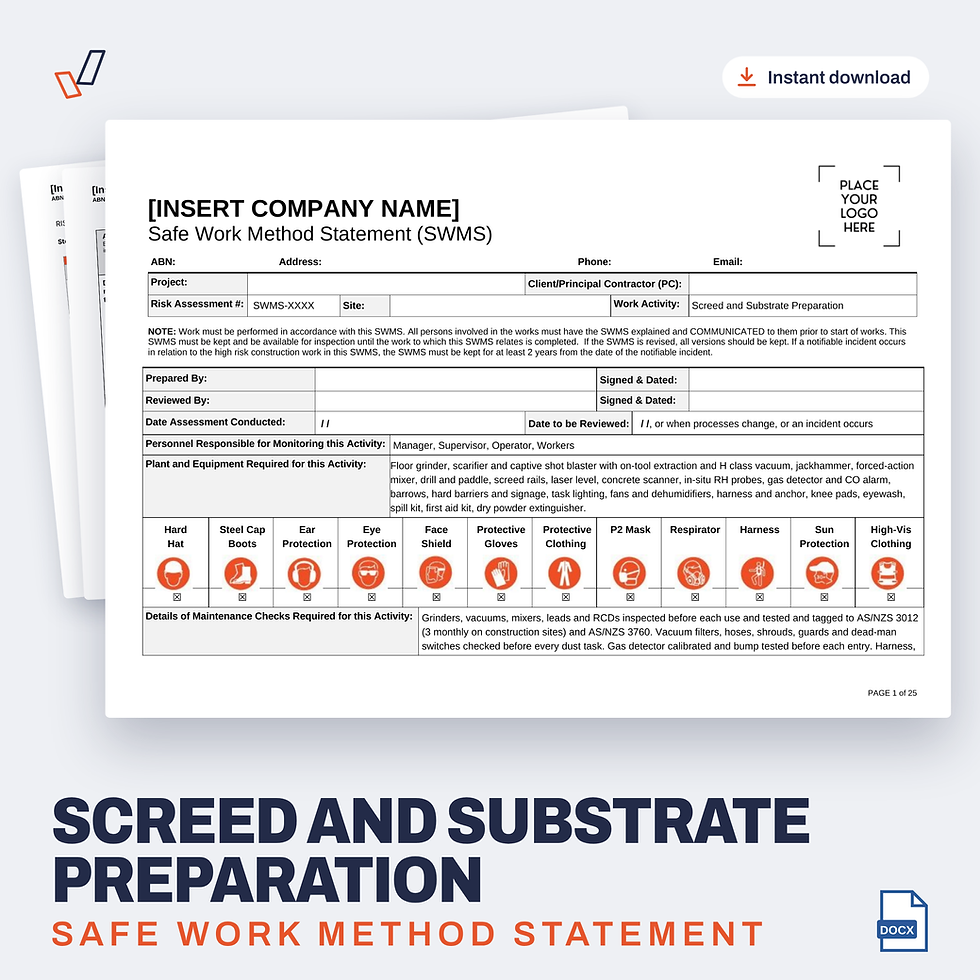 Screed and Substrate Preparation SWMS editable Word template cover, Everything OHS