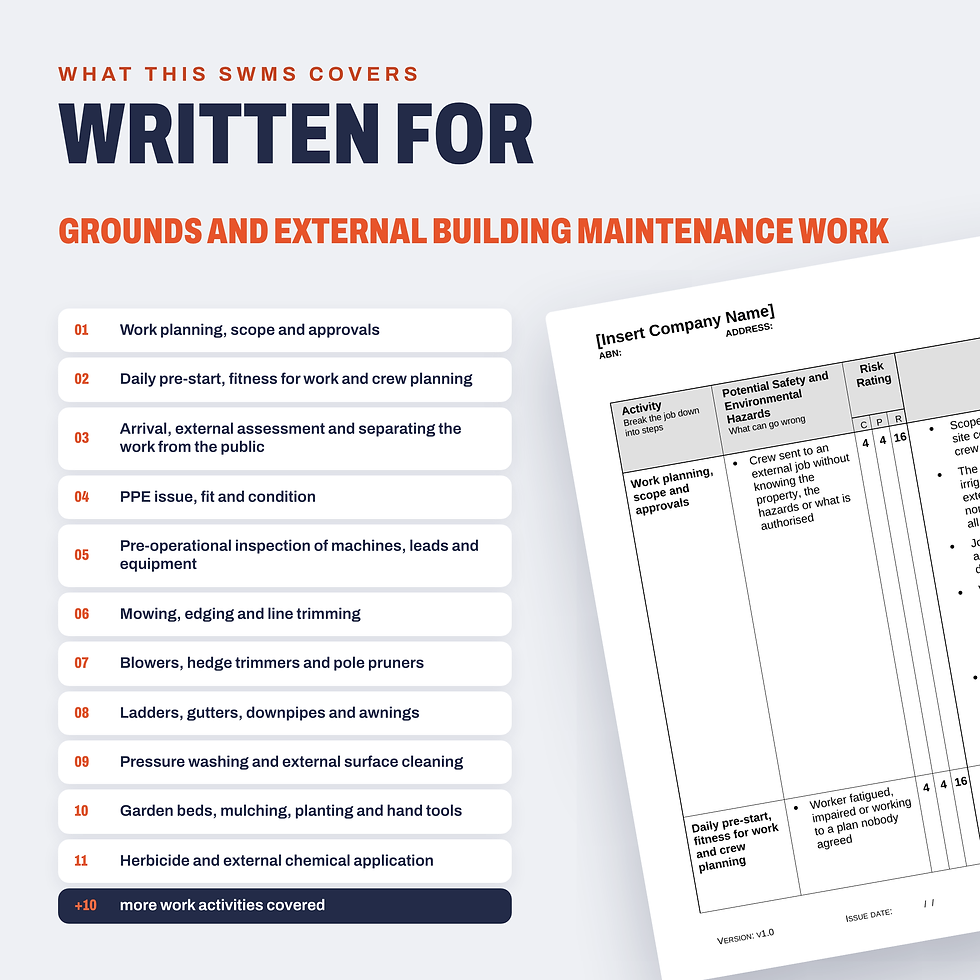 Work activities covered in the Grounds and External Building Maintenance SWMS