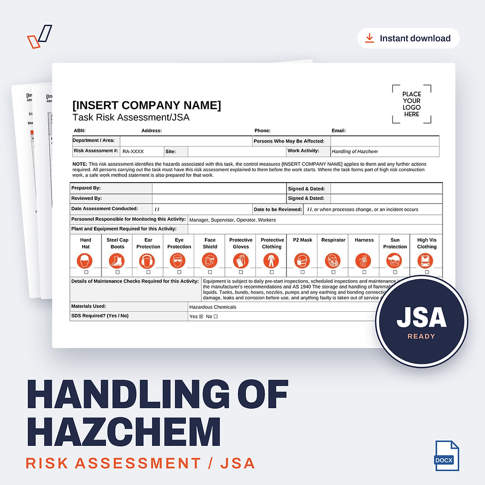 Handling of Hazchem Risk Assessment/JSA editable Word template cover, Everything OHS